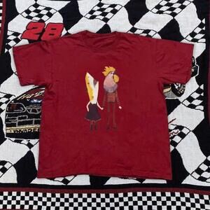 Red And Yellow Graphic Tee Featuring A Couple With Surfboards
